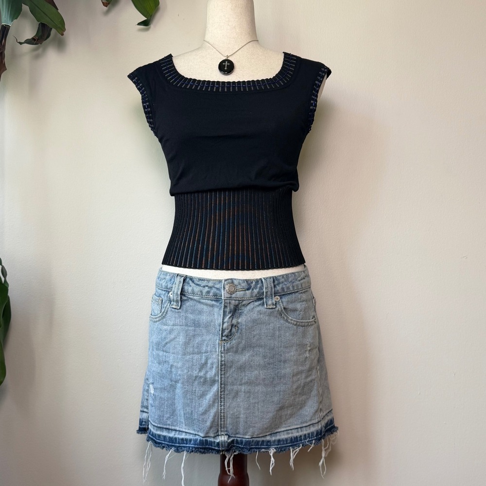 90s Black Knit Blue Sequin Beads dolman Ribbed Waist Medium Square Neck Essendi